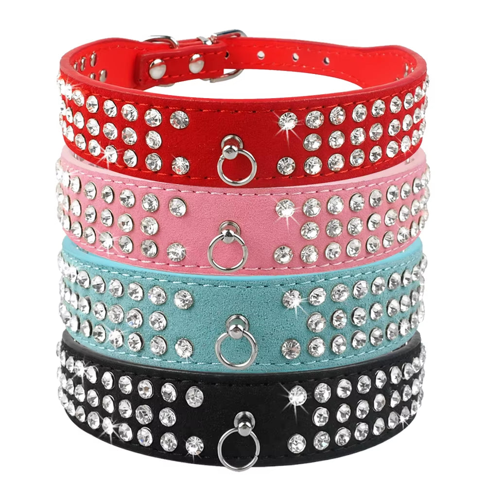 Rhinestone Suede Dog Collar – 3-Row Sparkling Diamante Collar for Small & Medium Dogs and Cats – Adjustable Bling Pet Collar in 5 Colors