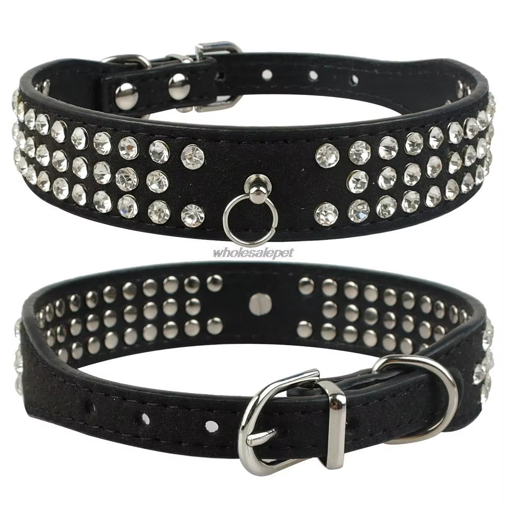Rhinestone Suede Dog Collar – 3-Row Sparkling Diamante Collar for Small & Medium Dogs and Cats – Adjustable Bling Pet Collar in 5 Colors