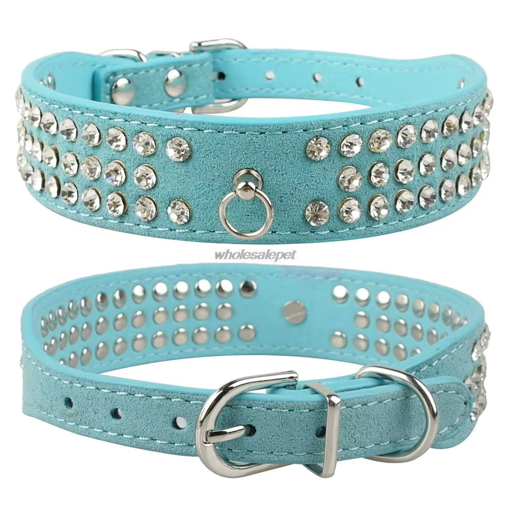 Rhinestone Suede Dog Collar – 3-Row Sparkling Diamante Collar for Small & Medium Dogs and Cats – Adjustable Bling Pet Collar in 5 Colors