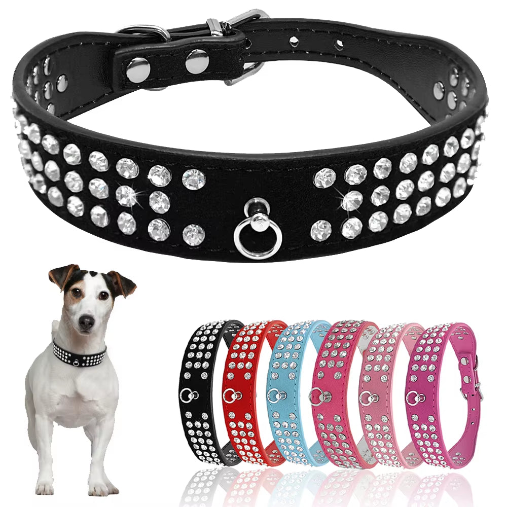 Rhinestone Suede Dog Collar – 3-Row Sparkling Diamante Collar for Small & Medium Dogs and Cats – Adjustable Bling Pet Collar in 5 Colors