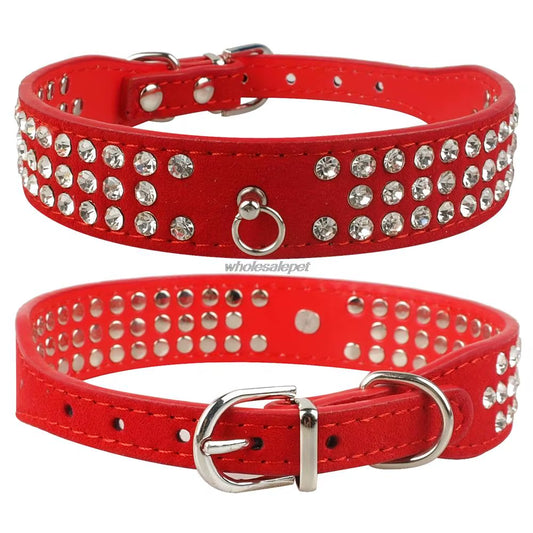 Rhinestone Suede Dog Collar – 3-Row Sparkling Diamante Collar for Small & Medium Dogs and Cats – Adjustable Bling Pet Collar in 5 Colors