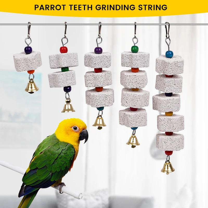 Bird Chew Toy with Bells – Parrot Beak Grinding Calcium Stone for Cages