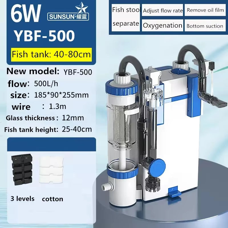 SUNSUN YBF-500 Wall-Mounted Aquarium Filter – 3-in-1 Water Purification, Oxygen Pump & Waste Removal System for Freshwater Fish Tanks