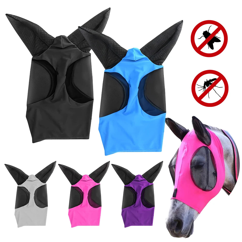 Anti Fly Stretchy Knitted Mesh Mask Breathable Fly Mask Bonnet Net Ear Protection Equine Mask Horse Riding Equestrian Equipment