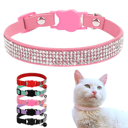 Soft Suede Leather Cat Collar Bling Rhinestone Cats Collars with Bell Safety Breakaway Pet  Necklace Adjustable XS S Pink