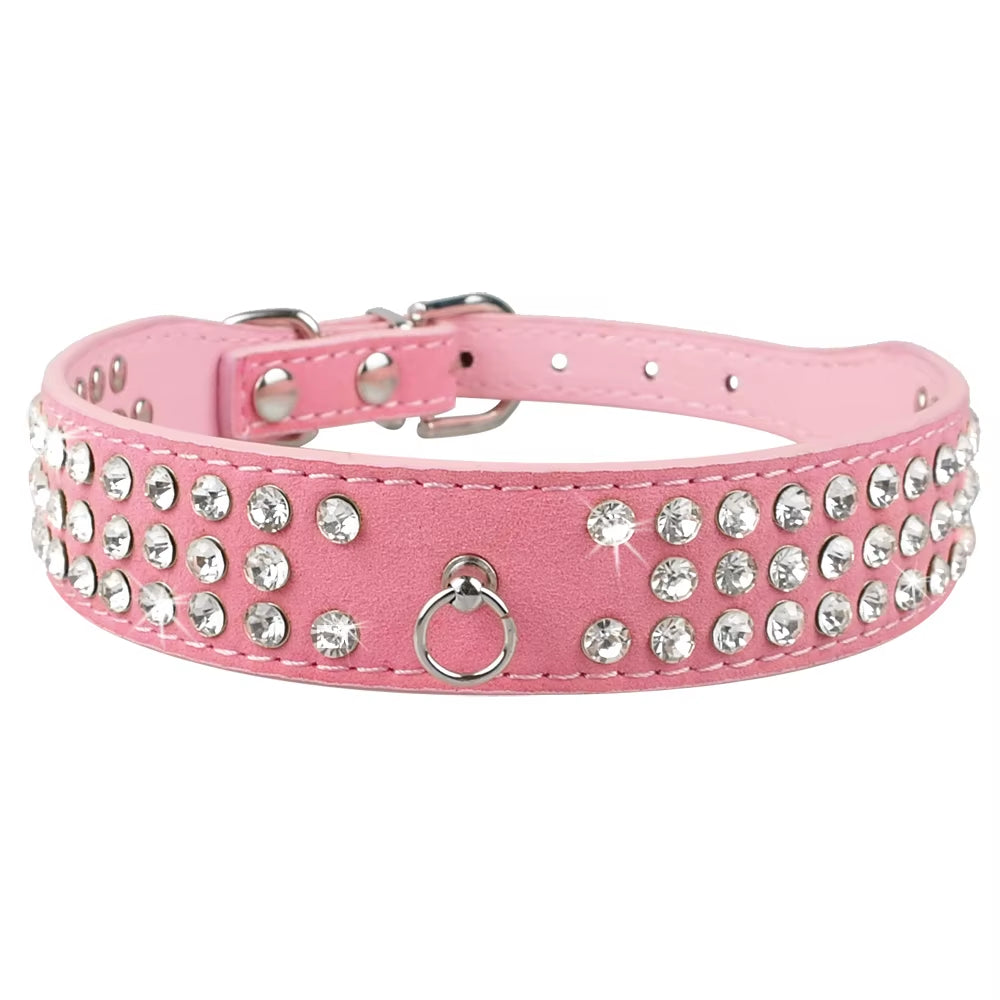 Rhinestone Suede Dog Collar – 3-Row Sparkling Diamante Collar for Small & Medium Dogs and Cats – Adjustable Bling Pet Collar in 5 Colors