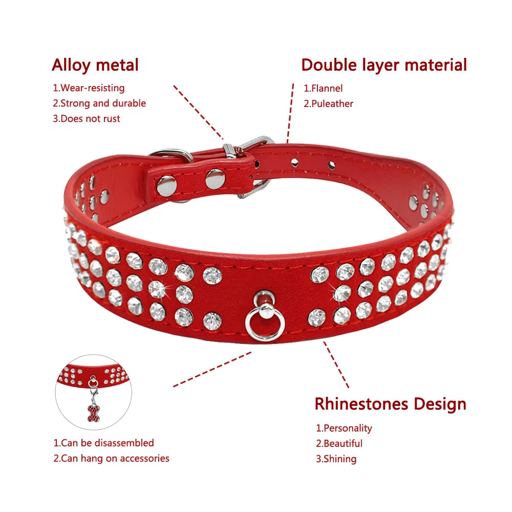 Rhinestone Suede Dog Collar – 3-Row Sparkling Diamante Collar for Small & Medium Dogs and Cats – Adjustable Bling Pet Collar in 5 Colors