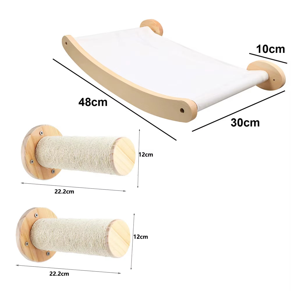 Wall-Mounted Cat Tree Set – Wooden Cat Shelves with Scratching Post, Hammock, Rope Ladder & Jumping Platform for Indoor Cats