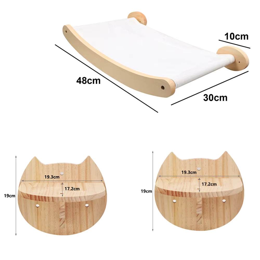 Wall-Mounted Cat Tree Set – Wooden Cat Shelves with Scratching Post, Hammock, Rope Ladder & Jumping Platform for Indoor Cats