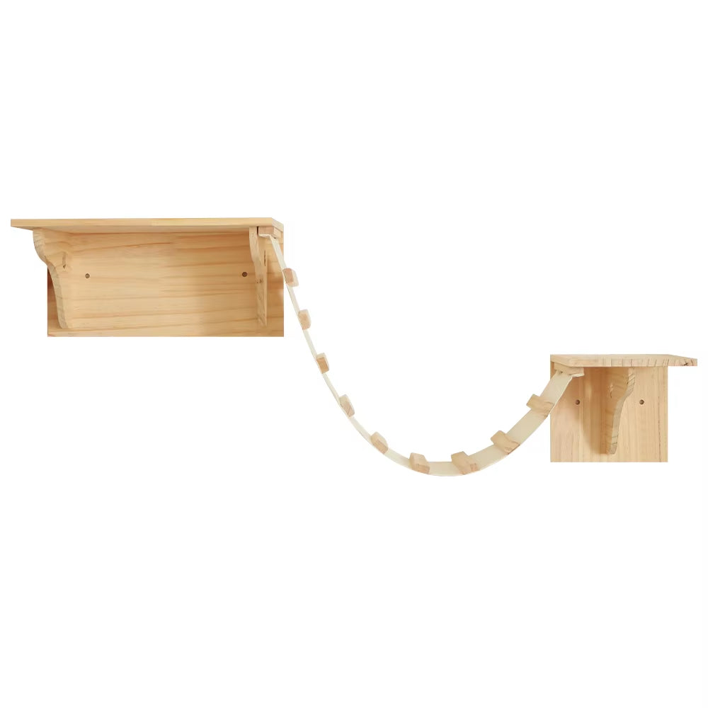 Wall-Mounted Cat Tree Set – Wooden Cat Shelves with Scratching Post, Hammock, Rope Ladder & Jumping Platform for Indoor Cats