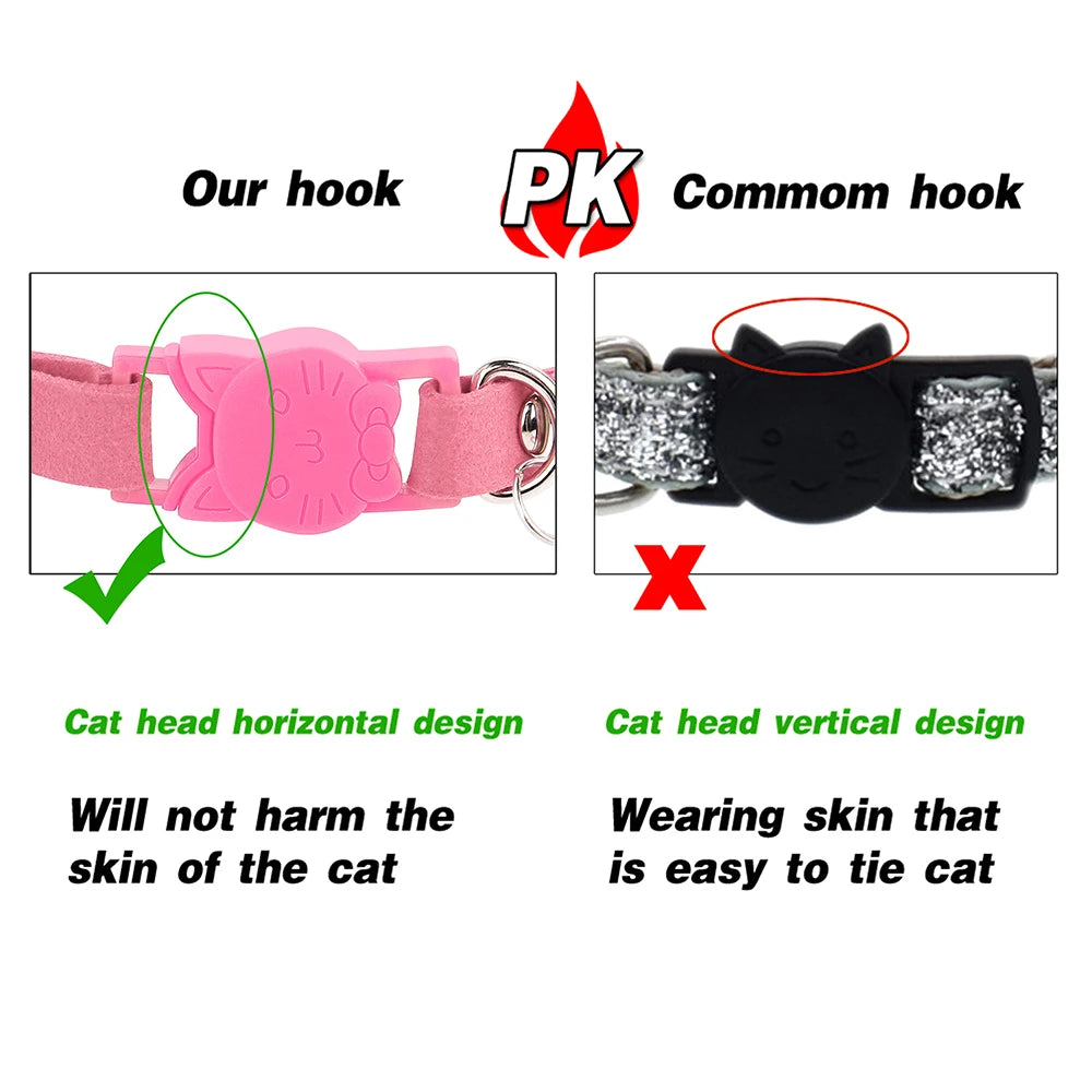 Soft Suede Leather Cat Collar Bling Rhinestone Cats Collars with Bell Safety Breakaway Pet  Necklace Adjustable XS S Pink