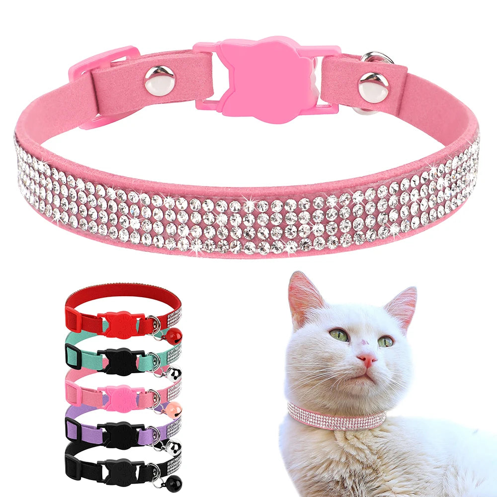 Soft Suede Leather Cat Collar Bling Rhinestone Cats Collars with Bell Safety Breakaway Pet  Necklace Adjustable XS S Pink