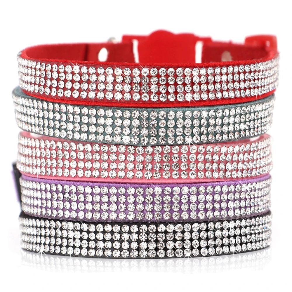 Soft Suede Leather Cat Collar Bling Rhinestone Cats Collars with Bell Safety Breakaway Pet  Necklace Adjustable XS S Pink