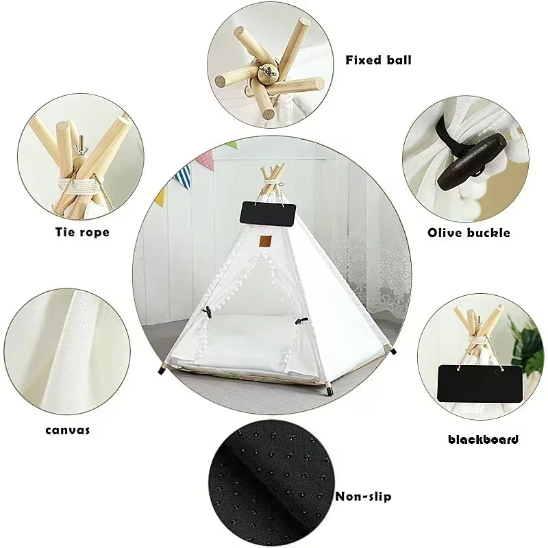 Pet Teepee Tent for Cats & Small Dogs – Portable Indoor Dog House with Washable Cushion & Chalkboard Sign | Cozy Cat Bed & Puppy Hideaway