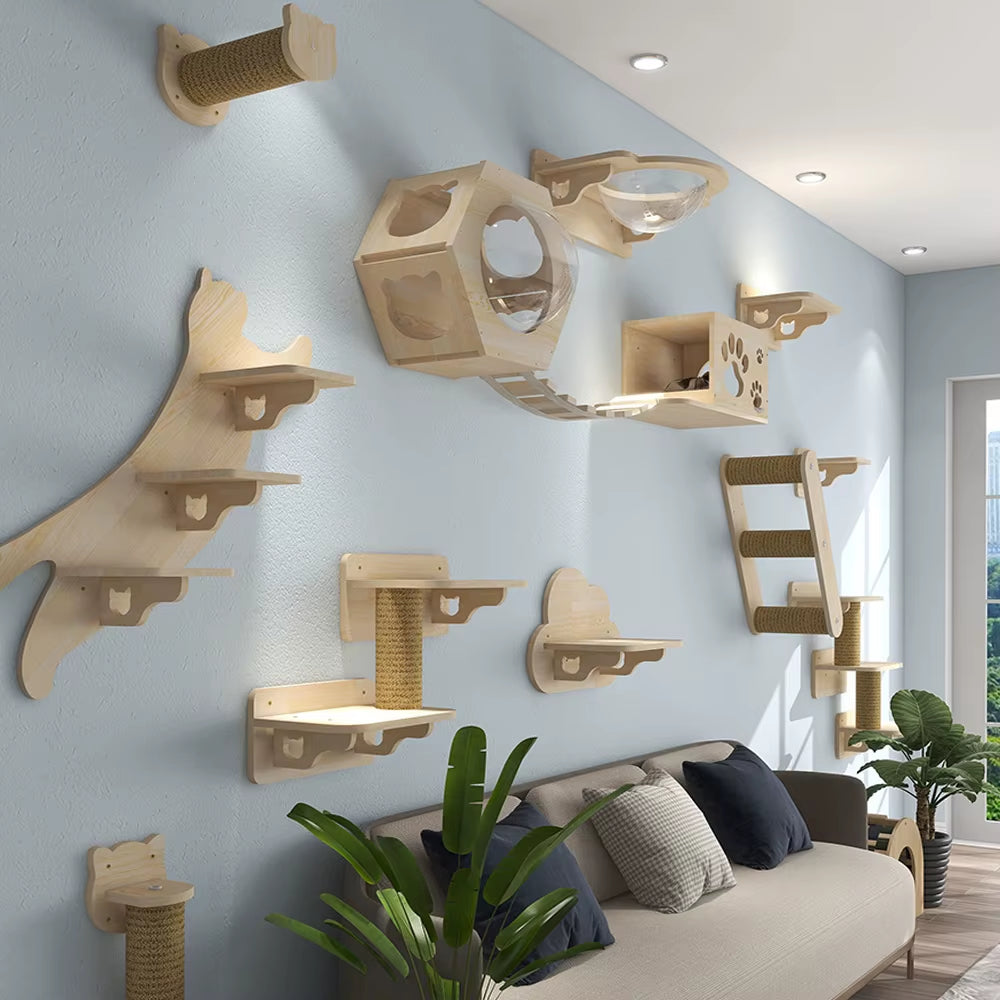Wall-Mounted Cat Tree Set – Wooden Cat Shelves with Scratching Post, Hammock, Rope Ladder & Jumping Platform for Indoor Cats