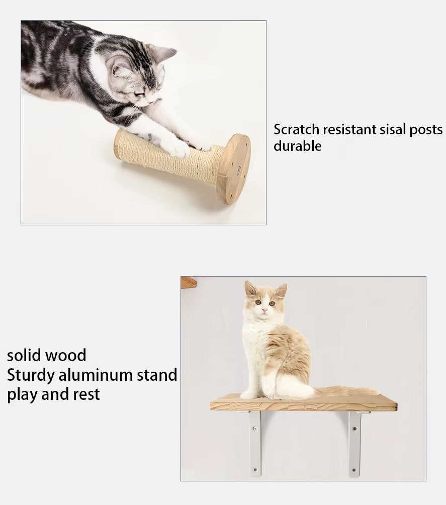 Wall-Mounted Cat Tree Set – Wooden Cat Shelves with Scratching Post, Hammock, Rope Ladder & Jumping Platform for Indoor Cats