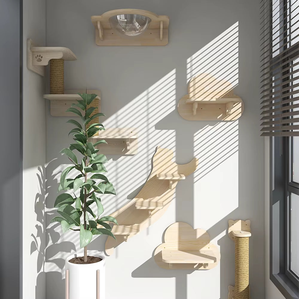 Wall-Mounted Cat Tree Set – Wooden Cat Shelves with Scratching Post, Hammock, Rope Ladder & Jumping Platform for Indoor Cats