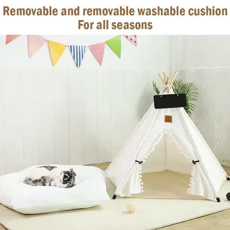 Pet Teepee Tent for Cats & Small Dogs – Portable Indoor Dog House with Washable Cushion & Chalkboard Sign | Cozy Cat Bed & Puppy Hideaway